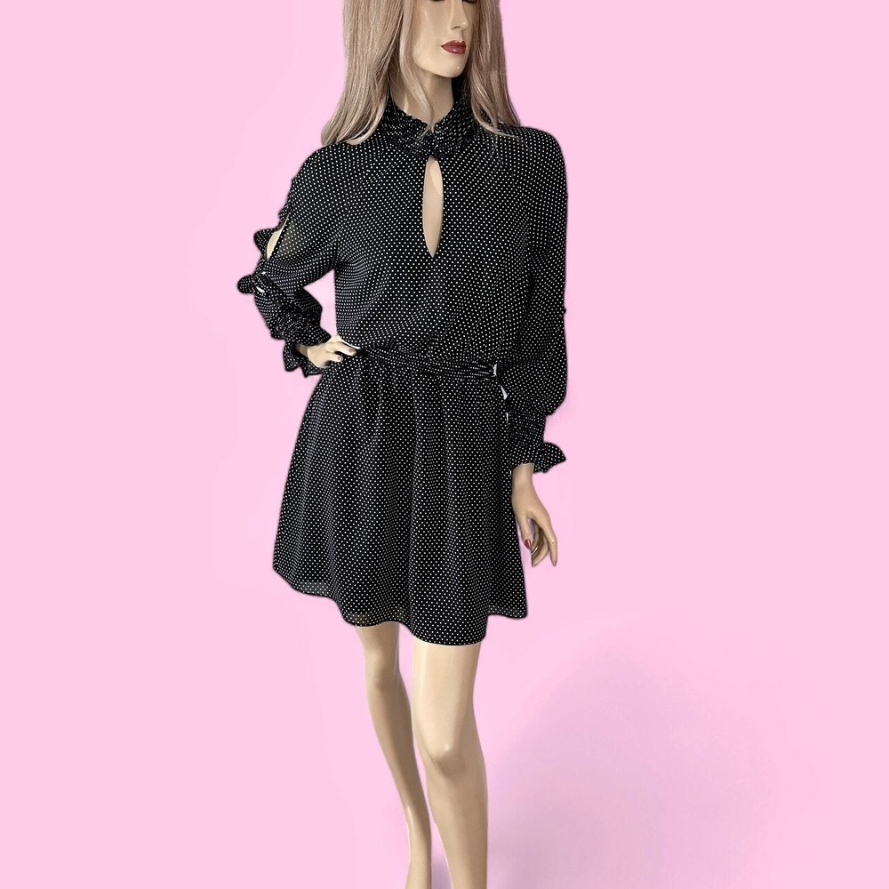 Black Swiss Dot Ruffle Mini Dress Small Sheer Sleeve Coquette Date Night - Picture 1 of 10